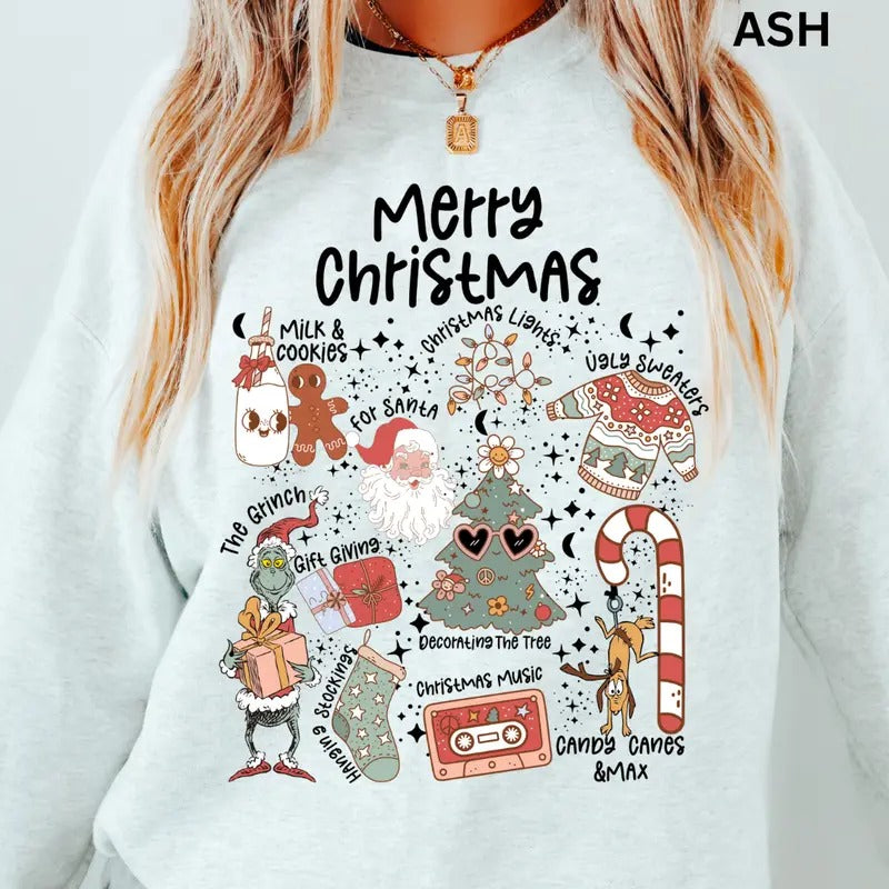 Merry Christmas doodles Crewneck, Christmas Sweatshirt, Winter Season Graphic, Casual Cotton Crewneck, Polyester,...