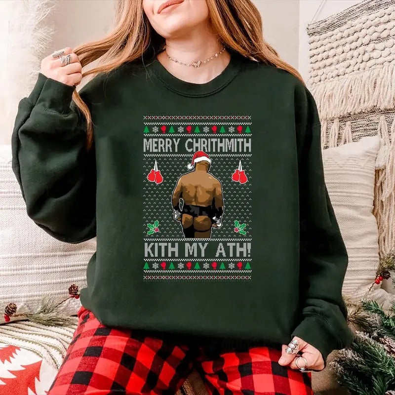 Merry Chrithmith Kith My Ath, Mike Tyson Butt Viral Kiss My Ass Boxing Fight Meme, Men Women Funny Ugly Christmas Sweater Ugly Christmas