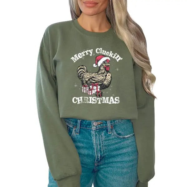 Merry Clucking Christmas Crewneck Sweatshirt | Funny Holiday Chicken Graphic | Festive Farmhouse Style | Unisex | Perfect for Humorous Christmas Cheer