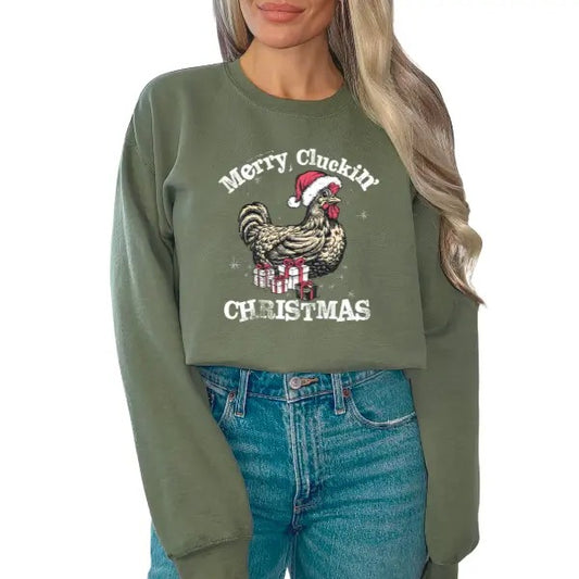 Merry Clucking Christmas Crewneck Sweatshirt | Funny Holiday Chicken Graphic | Festive Farmhouse Style | Unisex | Perfect for Humorous Christmas Cheer