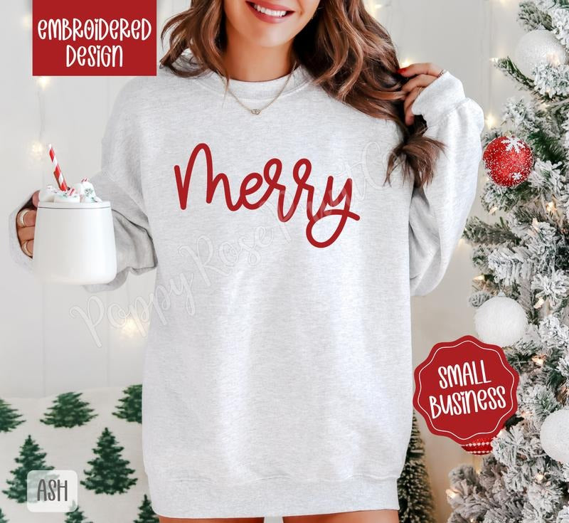 Merry Embroidered Christmas Sweatshirt, Holiday Crewneck Sweatshirt, Xmas Sweater
