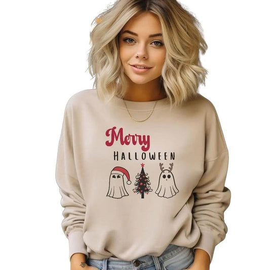Merry Halloween Sweatshirt, Halloween And Christmas Shirt, Christmas Sweatshirt, Long Sleeve Crewneck Shirt, Christmas Gifts For Guys, Merry Christmas Shirt, Gifts For Secret Santa Christmas Fit Unisex Womenswear Comfortable