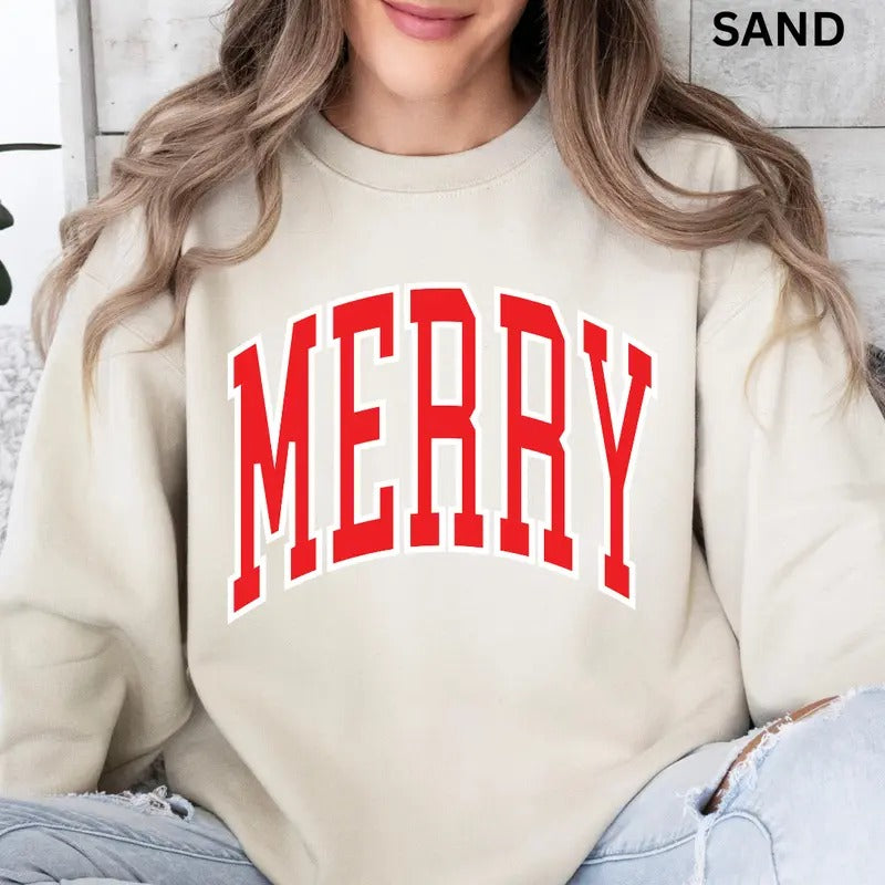 Merry Varsity Crewneck, Christmas Sweatshirt, MERRY Christmas Sweatshirt, Holiday Christmas Sweatshirt, Winter Season Graphic, Casual Cotton Crewneck, Polyester, Oversized