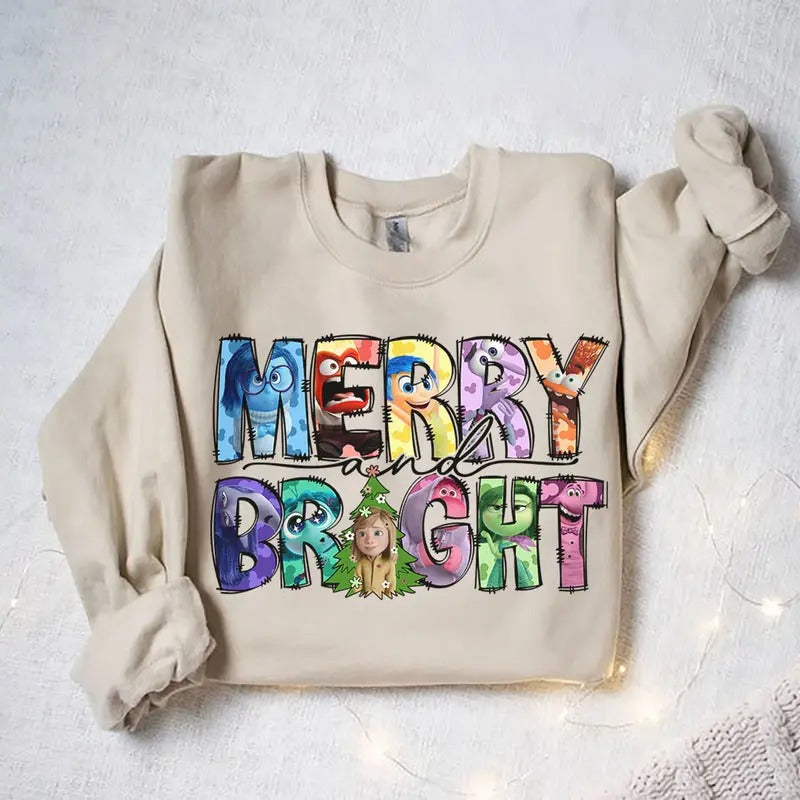 Merry and Bright Christmas Movies SweatShirt, Inside Out 2 Christmas Shirt , Inside Out Sweater, Family Party Hoodie, Inside Out Characters Costume