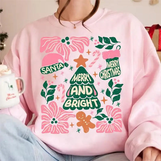 Merry and Bright Christmas Tree Sweatshirt, Holiday Vibes Candy Cane T-Shirt, Gingerbread Christmas Clothing, Unisex