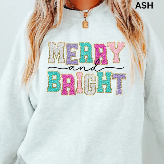 Merry and Bright FAUX Christmas Winter Graphic Long Sleeve Casual Cotton Polyester Oversized sweatshirt - Comfort Crewneck Womenswear