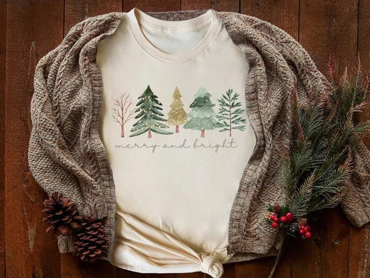Merry and Bright Trees, Women's Christmas Shirt, Womans Holiday Shirt,Christmas Gift,Chic Winter Shirt,Cute Holiday Tee,Christmas Tree Shirt Cotton Top Love Womenswear