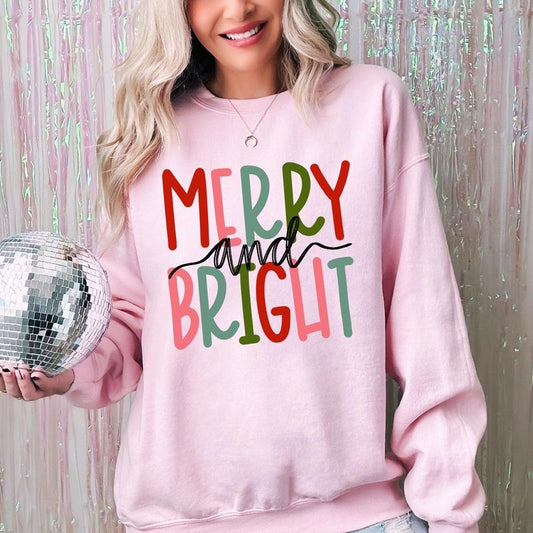 Merry and Bright, Colorful Christmas, Winter, Santa, Xmas Sweatshirt, Women's Crew Neck, Crewneck T-Shirts, Hoodie