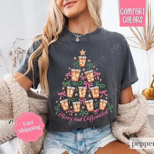 Merry and Caffeinated Shirt, Coffee Lover Christmas Tee, Women's Holiday Tshirt