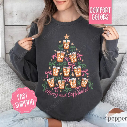 Merry and Caffeinated Sweatshirt Comfort Colors, Coffee Lover Christmas Crewneck, Women's Holiday Sweater