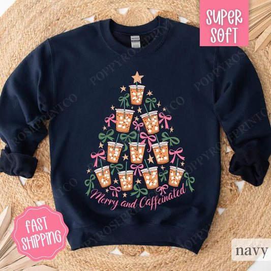 Merry and Caffeinated Sweatshirt, Coffee Lover Christmas Crewneck, Women's Holiday Sweater