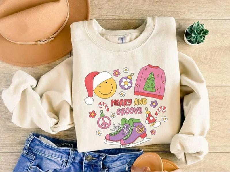 Merry and Groovy Sweatshirt, Pink Christmas Sweatshirt, Sweatshirt Trees Christmas, Smile Face Sweatshirt, Xmas Tee,...