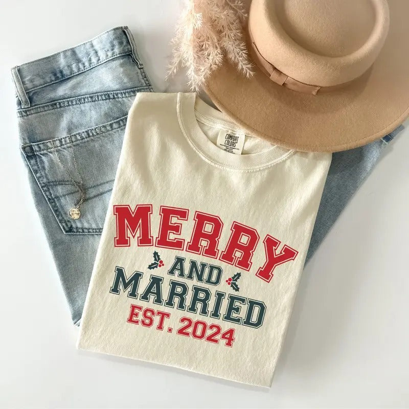 Merry and Married Comfort Colors T-shirt, Christmas Bride Shirt, Engagement Shirt, Couples Christmas T-Shirt