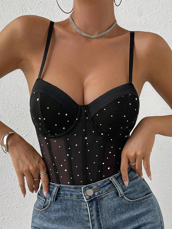 Mesh Sheer Bodysuit Rhinestone Bustier Sleeveless Leotards T-Shirts, Hoodie, Sweatshirt | WearSparks.com