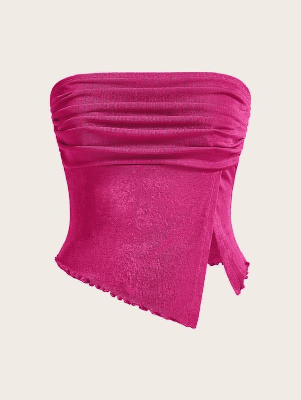Mesh Tube Tops Split Hem Going Out Strapless Bandeau Tops Ruched Tank Shirts Hoodie, Sweatshirt | WearSparks.com