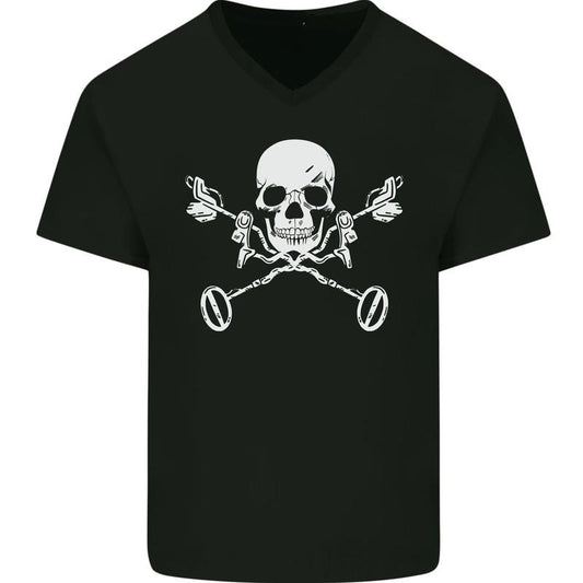Metal Detector Skull Detecting Mens V-Neck Cotton T-Shirt Made in USA