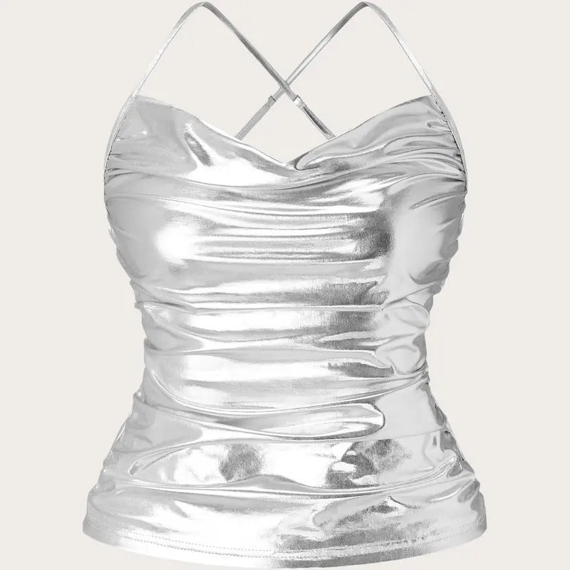 Metallic Fabric Cross Back Camisole TopY2K