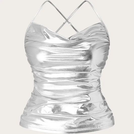 Metallic Fabric Cross Back Camisole TopY2K
