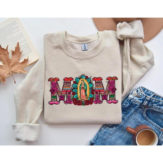 Mexican Mom Shirt and Sweatshirt with Virgen de Guadalupe | , Mother's Day Sweatshirt, hoodie Mexican Heritage Shirt, Latin Culture Mom Sweatshirt