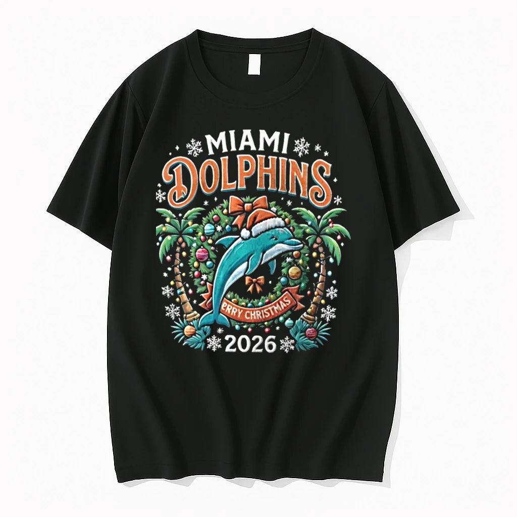 Miami Dolphins Julius Wood Merry Christmas Tropical 2026 Dolphin Santa Hat Wreath Black Tshirts Sweater