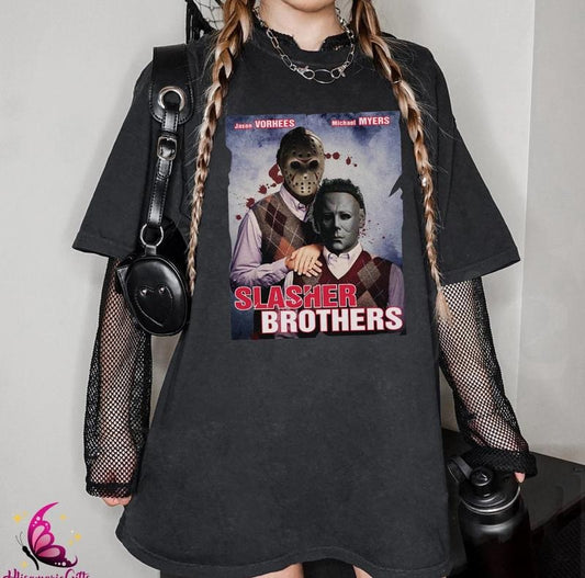Michael Myers & Jason Voorhees Slasher Brothers Horror Shirt, Horror Movie Characters Shirt, Michael Myers Halloween Tee, Scary Movie Shirt