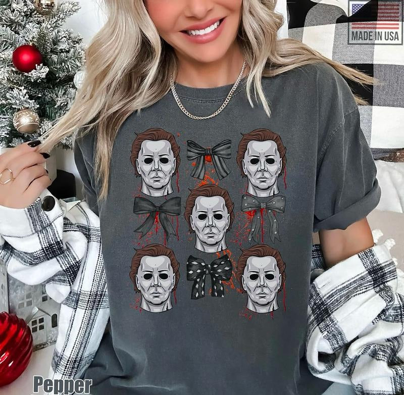 Michael Myers Coquette Halloween Shirt, Scream Horror Movie Sweater, Horror Halloween Coquette Bow Sweatshirt, Scary Film Tee, Michael Myers Sweatshirt, Horror Movie Shirt