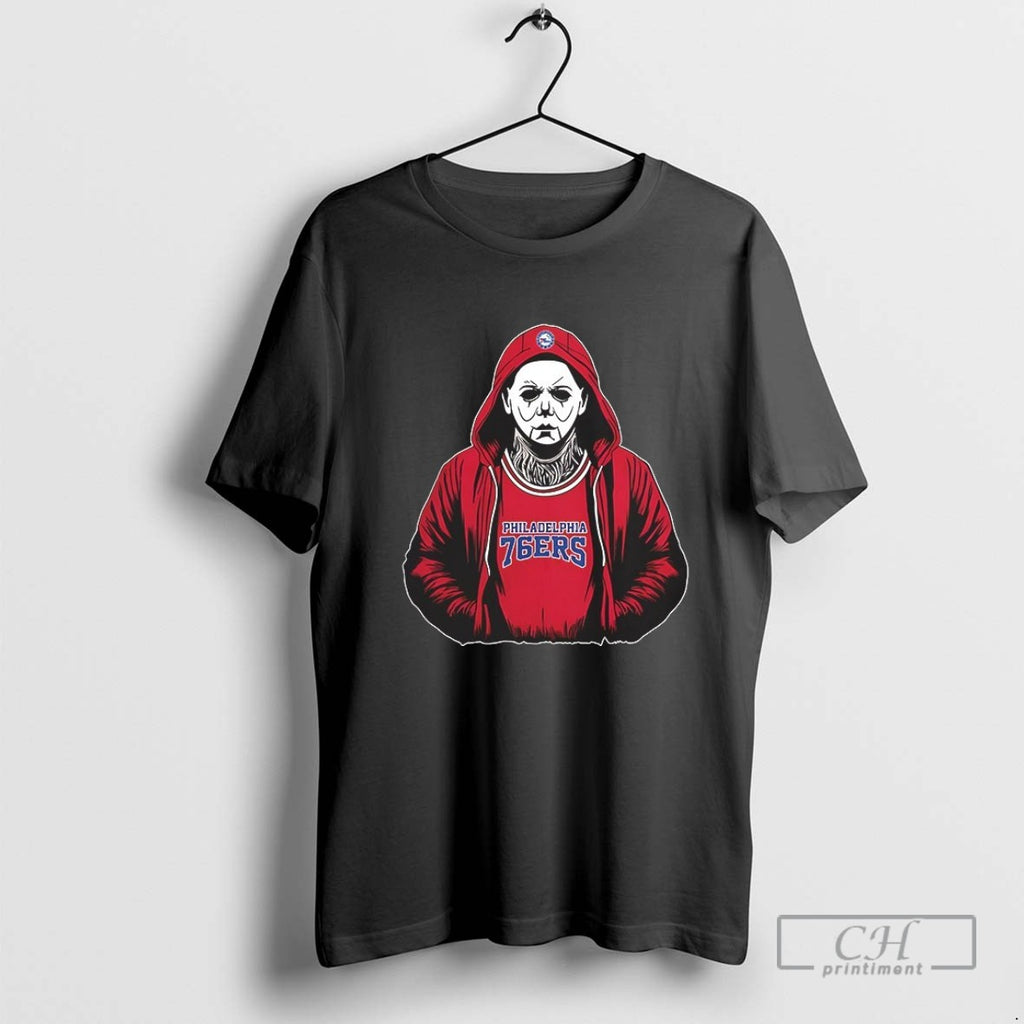 Michael Myers Wearing Philadelphia 76ers Nba Scary Halloween 2025 V Neck