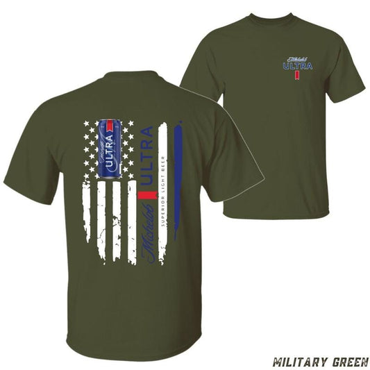 Michelob Ultra American Flag T-shirt - Bold Beer Can And Patriotic Graphic 100% Cotton Unisex Casual Tee Casual Sporty Style - Menswear Top