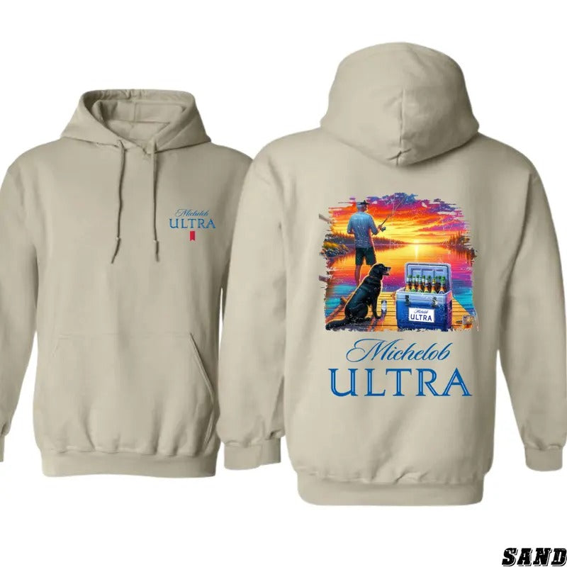 Michelob Ultra Hoodie - Vibrant Fishing Design with Cooler and Loyal Dog, Perfect for Beer Lovers and Outdoor Enthusiasts, Great Hoodie for Casual Wear and Fishing Adventures