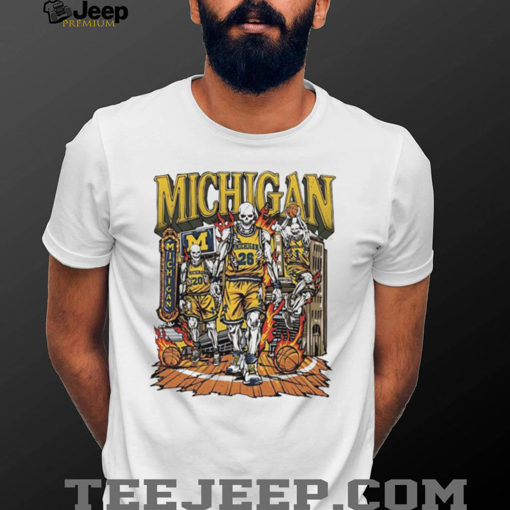 Michigan Wolverines Basketball Skeletons Flaming Hoop T Shirt