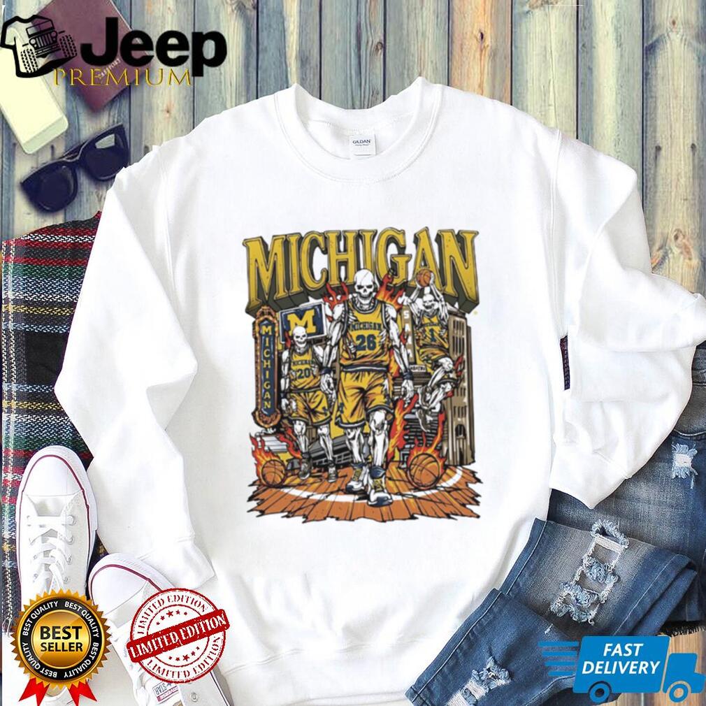 Michigan Wolverines Basketball Skeletons Flaming Hoop T Shirt