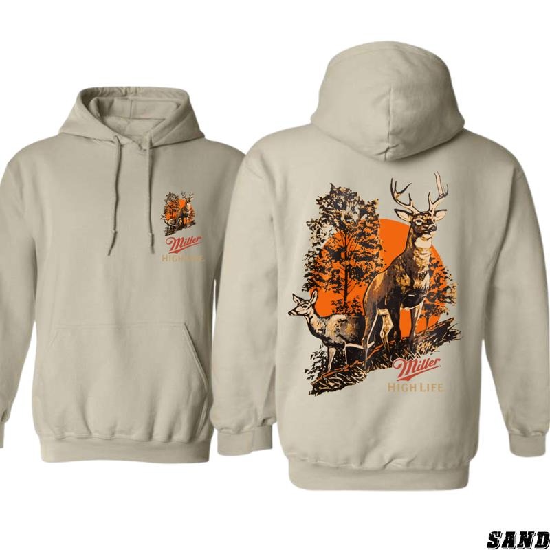 Miller High Life Hoodie - Majestic Deer Design, Camo Country Sweatshirt, Comfortable Casual Wear for Men & Women, Ideal for Hunting Enthusiasts