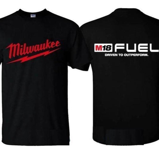 Milwaukee M18 FUEL T-Shirt - Sweatshirt - Hoodie, Streetwear, Power Tools Logo Graphic Tee for Men, Driven to Outperform, Black Cotton Workwear T-Shirt