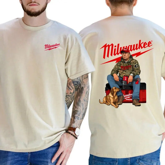 Milwaukee T-Shirt - Bold Workwear Design Featuring Rugged Worker and Dog Graphics, Perfect for Tool Enthusiasts and Everyday Comfort, Unisex Tee for Casual Style