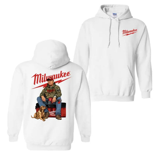 Milwaukee Workwear Hoodie Sweatshirt T-Shirt, Bold Milwaukee Logo with Iconic Worker and Dog Graphic, Perfect for Tradesmen, Unisex and Casual Wear