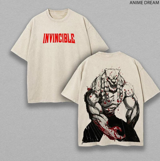 [ Mineral Wash ] Battle Beast Invincible Anime Double Printed Vintage Washed Tee Unisex Oversize Heavyweight Cotton TShirt For Anime Fans