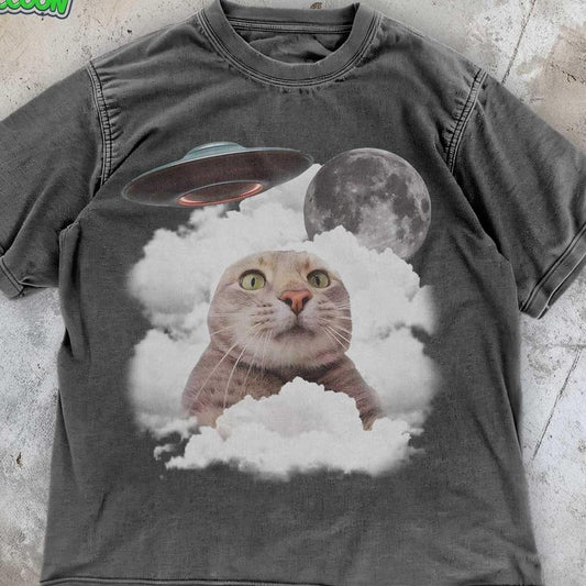 [ Mineral Wash ] Funny Cat Meme TShirt , Ufo Space Cat Tee , Absurd Meme Retro Shirt , Cat Vintage Graphic Shirt , Weird Cat Lover Washed Gift , Gag Washed Gift