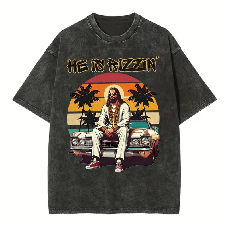 [ Mineral Wash ] He Is Rizzen Chirstian Washed Shirt Jesus Graphic Washed Style Shirt