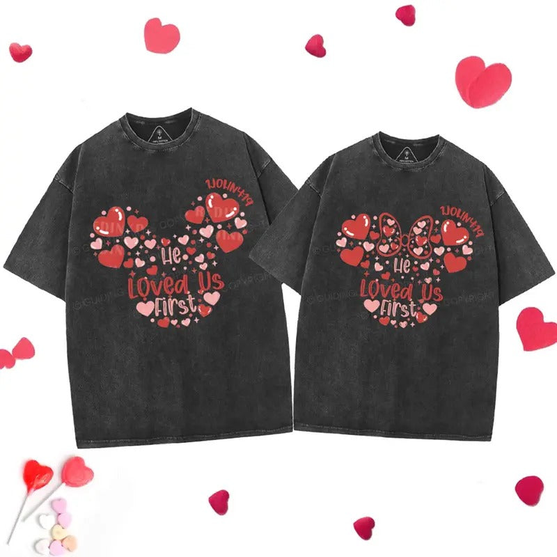 [ Mineral Wash ] He Loved Us First Christian Washed Couple Shirt Jesus Graphic Washed Style Shirt