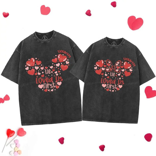 [ Mineral Wash ] He Loved Us First Christian Washed Couple Shirt Jesus Graphic Washed Style Shirt