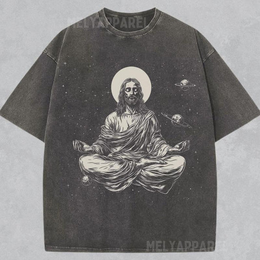 [ Mineral Wash ] Jesus Christ Meditating Shirt Retro Style Christian Tshirt Vintage Tee Unisex Crewneck Church Apparel Christmas Faith Washed Gift
