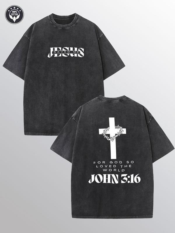 [ Mineral Wash ] Jesus Saved Me Mens Washed Cotton TShirt, All Cotton, Casual Sports Style Top TShirt, Trendy And Fashionable Street Style, Suitable For Travel And Sports Wear