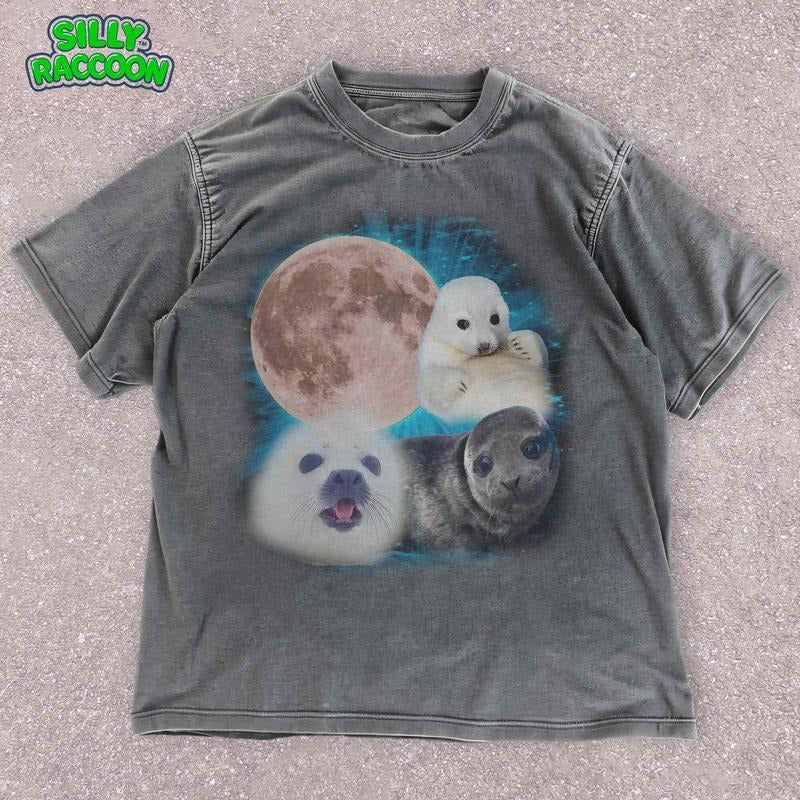 [ Mineral Wash ] Mystical Moon And Seals TShirt , Nighttime Animal Unisex Tee , Cute Marine Life Washed Gift , Moonlit Night Tee , Animal Lover Washed Gift