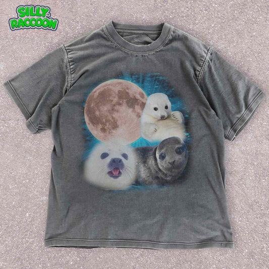 [ Mineral Wash ] Mystical Moon And Seals TShirt , Nighttime Animal Unisex Tee , Cute Marine Life Washed Gift , Moonlit Night Tee , Animal Lover Washed Gift