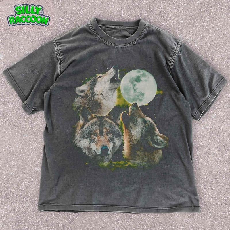 [ Mineral Wash ] Spiritual Wolf Pack TShirt , Full Moon Wildlife Unisex Tee , Celestial Three Wolves Howling Moon Shirt , Mystic Nature Washed Gift