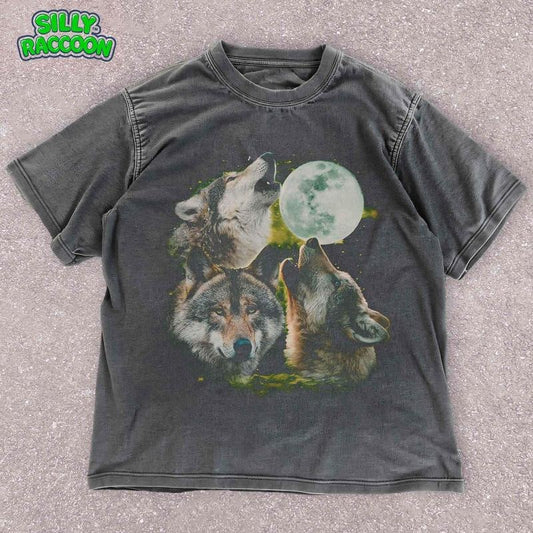 [ Mineral Wash ] Spiritual Wolf Pack TShirt , Full Moon Wildlife Unisex Tee , Celestial Three Wolves Howling Moon Shirt , Mystic Nature Washed Gift