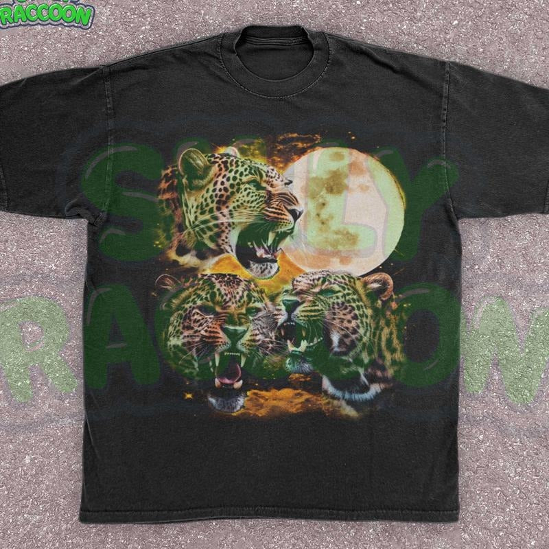 [ Mineral Wash ] Three Leopards Moon Unisex Shirt, Vintage Wildlife Distressed Graphic Washed, Big Cat Celestial Shirt, Nature Lover Animal Print Top