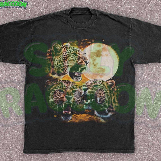 [ Mineral Wash ] Three Leopards Moon Unisex Shirt, Vintage Wildlife Distressed Graphic Washed, Big Cat Celestial Shirt, Nature Lover Animal Print Top