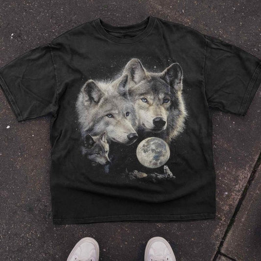 [ Mineral Wash ] Three Wolf Moon Shirt, 90S Retro Wildlife Shirt, Celestial Wolf Top, Spirit Animal Nature Tee, Mystical Wolf Unisex Clothing Washed Gift