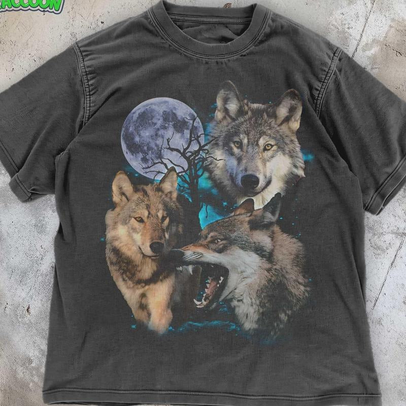 [ Mineral Wash ] Three Wolf Moon Washed, Mystic Wolf Shirt , Nature Wildlife TShirt , Vintage Animal Graphic Tee , Retro Howling Wolf Unisex Tee